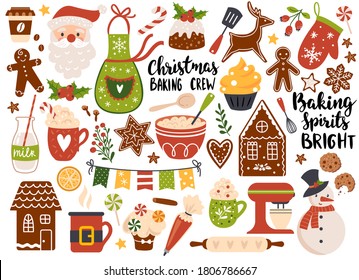 Cozimento de Natal, Conjunto de biscoitos de gengibre festivos e bebidas natalinas. Ilustração vetorial. Perfeito para kit de adesivos, scrapbooking, cartão, convite para festa, cartaz, tags