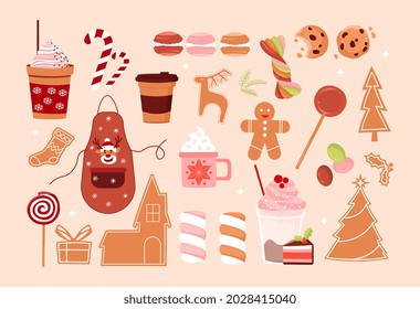 Christmas baking set. Gingerbread cookies, lollipops, cupcakes, drinks and apron. Design elements for stickers, greeting cards and poster. Cartoon flat vector collection isolated on pink background