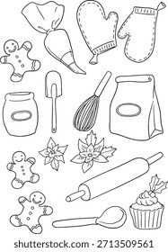 Christmas baking tools and ingredients vector set featuring gingerbread men, oven mitts, piping bag, rolling pin, whisk, and flour bag. Perfect cartoon illustration for holiday recipes, winter baking.