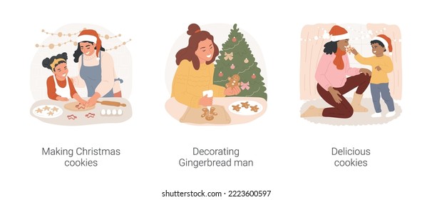 Christmas baking tradition isolated cartoon vector illustration set. Make Christmas cookies, decorate Gingerbread man, kid feeding mom with delicious pastry, family baking together vector cartoon.