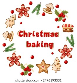 Christmas baking, a wreath of cookies and spruce branches. Christmas and New Year's card. Vector illustration. Decor for holidays