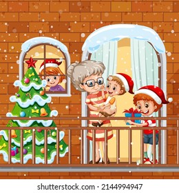 Christmas balcony with granny and children illustration
