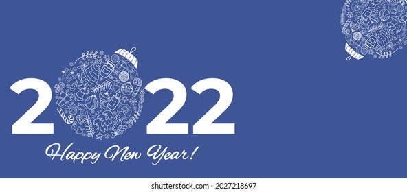 Christmas ball and 2022. Happy New Year. Date and ball made of linear doodles of the New Year tree, candles, caramel, gift On blue background. Horizontal vector illustration for design, decor, cards