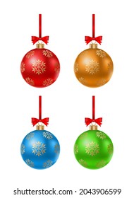 christmas ball with 3d icon snowflake pattern and red ribbon isolated on white background