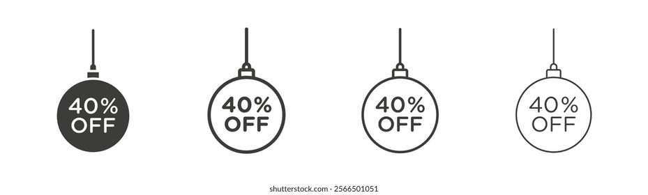 Christmas ball with 40 off discount icon flat and linear vector illustration on white background.