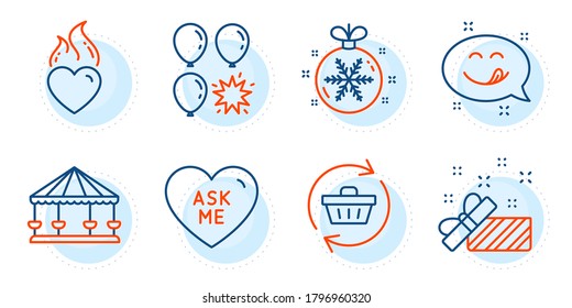 Christmas ball, Ask me and Heart flame signs. Carousels, Balloon dart and Present line icons set. Yummy smile, Refresh cart symbols. Attraction park, Gift. Holidays set. Outline icons set. Vector
