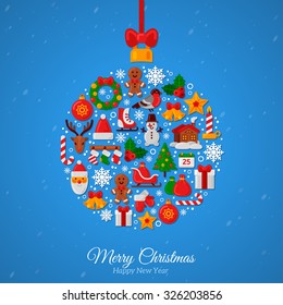 Christmas Ball Assembled from Flat Icons. Red Ribbon Bow. New Year Gifts and Candy on Blue background. Vector Illustration.