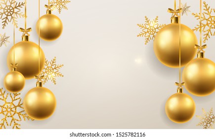 Christmas ball background. Golden xmas tree toys spheres hanging, decoration. Winter holidays and new year vector festive abstract hanged realistic bauble backdrop