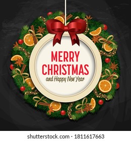 Christmas ball background. Merry Christmas and Happy New Year lettering in round ball frame greeting card design with oranges, cinnamon, ribbons, tree branches. Celebration banner vector illustration