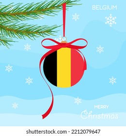 Christmas ball with the Belgium flag, decorates the Christmas tree branch. Illustration of a Christmas ball with the flag of Belgium in a Christmas tree branch on a beautiful winter background.