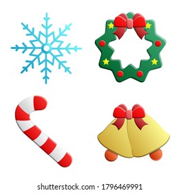 Christmas ball, bell, holly, candy cane set. Vector illustration.