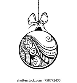 Christmas ball with a big bow. Silhouette with a lace pattern. Vector illustration.