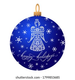 bola de Navidad de color azul con un ángel con estampado, con letras Felices Fiestas, copos de nieve. Feliz decoración navideña. Año Nuevo. Fondo blanco de objeto aislado. Ilustración vectorial. Plantilla.