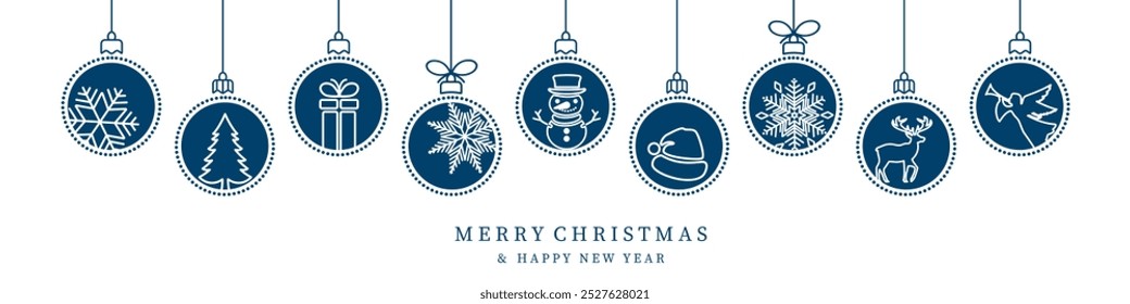 Christmas ball blue line icon . Christmas card with holidays decoration.Christmas balls border . Marry Christmas and Happy New Year background.