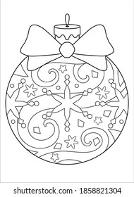 Christmas ball with bow - coloring antistress - vector linearzentangle picture for coloring. Outline. A Christmas tree toy with a pattern in the form of snowflakes and stars - an element for a winter 