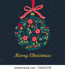Christmas ball and bow. Creative gift card with an lettering Merry Christmas and happy new year. Elements in the shape of a circle of winter plants on a blue background.