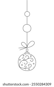 Christmas ball with a branch on a string. Black and white clipart illustration.