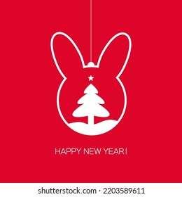 Christmas Ball Bunny frame with Christmas tree. Happy Chinese New Year 2023 Zodiac Rabbit sign, year of the Rabbit. Cute bunny. Christmas time. Red.