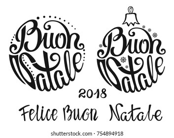 Christmas ball. Buon Natale greeting card template. Italian Handwriting isolated lettering. Holiday background.New year Vintage vector,typography design