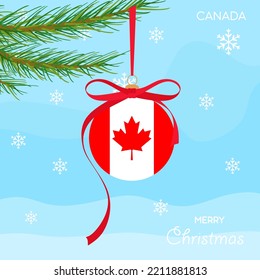 Christmas ball with the Canada flag, decorates the Christmas tree branch. Illustration of a Christmas ball with the flag of Canada in a Christmas tree branch on a beautiful winter background. Vector 