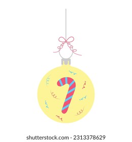 Christmas ball with candy cane and confetti. New Year bauble. Cute hanging winter toy with bow.