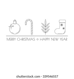 Christmas ball, candy cane, twig and sock with tag line. Can be used for greeting cards, articles, web, mobile design.