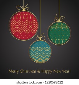 Christmas ball card. Handmade postcard to New Year and Xmas out of craft paper with knitted Scandinavian pattern.