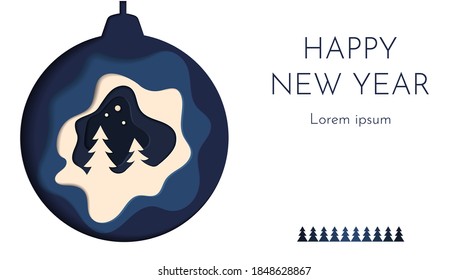 Christmas ball. Card Merry Christmas and Happy New Year. Christmas tree, silver glass balls on blue background with pine and cones