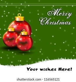 Christmas Ball Card with snow, and free copy space Merry Xmas card with ball and white copyspace and green background