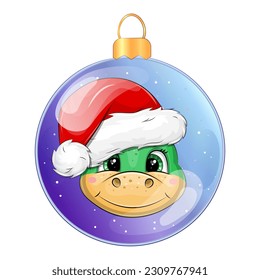 Christmas ball with cartoon green dragon in Santa's hat. Vector illustration on white background.