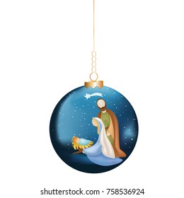 Christmas ball with christian nativity scene on blue background	