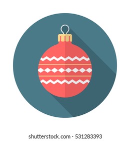 Christmas ball circle icon with long shadow. Flat design style. Christmas ball simple silhouette. Modern round icon in stylish colors. Web site page and mobile app design vector element.
