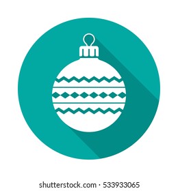Christmas ball circle icon with long shadow. Flat design style. Christmas ball simple silhouette. Modern round icon in stylish colors. Web site page and mobile app design vector element.