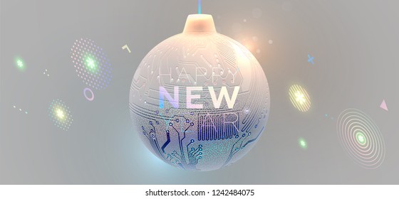 Christmas ball with circuit board pattern. Symbol of innovations, science and technologies. Holiday cover with geometric elements for poster, banner, placard and brochure. Eps10 vector illustration