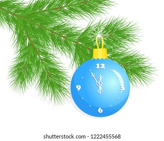 Christmas ball with a clock, fir tree branch, New Year greeting card, Christmas ball clock on a Christmas tree branch, isolated on white background