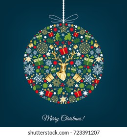 Christmas ball. Colorful pattern. Golden, red, green  tree decoration. Happy New Year background. Gold Xmas head of  reindeer, gifts and  snowflakes. Vector template  for greeting  card.