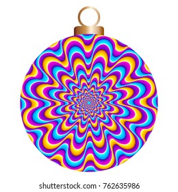 Christmas ball with colorful spirals. Optical expansion illusion.