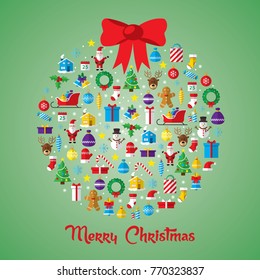 Christmas ball composed of new year icons and symbols. Decorated with star. Flat style art icons set isolated on green background.