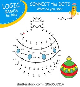 Christmas Ball. Connect the dots by numbers to draw the Christmas Toy. Winter symbol. Dot to dot Game and Coloring Page with cartoon New Year Ball. Logic Game for Kids learning counting number.