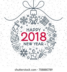 Christmas ball consisting of christmas icons line style and sign Happy New Year on snow holiday background. Christmas decoration element. Vector Illustration