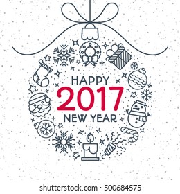 Christmas ball consisting of christmas line icons and sign Happy New Year 2017 year on snow holiday background. Christmas decoration element. Vector Illustration