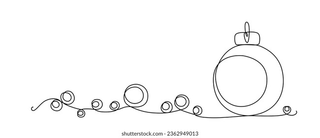 Christmas ball continues one single line hand drawing sketch. Vector stock illustration isolated on white background for design template winter holiday banner, card, invitation. Editable stroke. EPS10