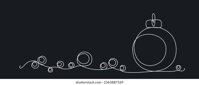 Christmas ball continues one single line hand drawing sketch. Vector stock illustration isolated on black background for design template winter holiday banner, card, invitation. Editable stroke. EPS10