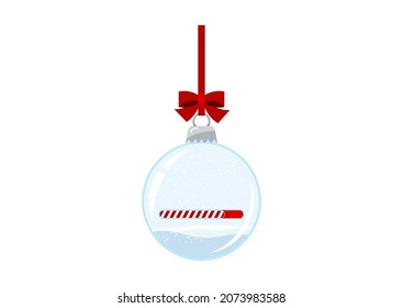 Balón de Navidad con barra de cuenta regresiva cayendo nieve aislada sobre fondo blanco. Navidad colgando en cinta roja con bola de nieve de cristal de arco bauble. Ilustración navideña de dibujos animados planos vectoriales.