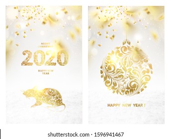 Christmas ball with curves of ribbon confetti. Merry Christmas and Happy New Year greeting card with fir toys and golden confetti for xmas design. Vector illustration.