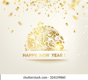 Christmas ball with curves of ribbon confetti. Golden confetti falls on the background. Happy new year 2016. Holiday card. Template for your design. Vector illustration.