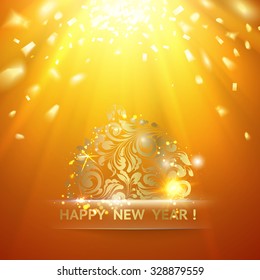 Christmas ball with curves of ribbon confetti. Golden confetti falls on the orange background. Happy new year 2016. Holiday card. Template for your design. Vector illustration.