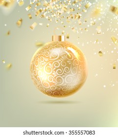 Christmas ball with curves of ribbon confetti. Vector illustration.