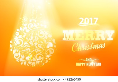 Christmas ball with curves of ribbon confetti. Golden confetti falls on the orange background. Happy new year 2017. Holiday card. Template for your design. Vector illustration.