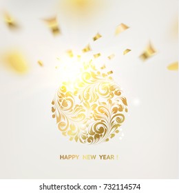 Christmas ball with curves of ribbon confetti. Golden confetti falls on the background. Happy new year 2018. Holiday card. Template for your design. Vector illustration.